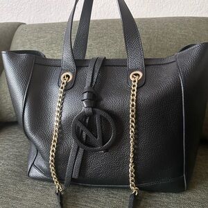 Real Valentino.   Black Tote with Gold Chain Detail